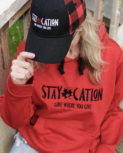 staycation classic red pullover hoodie and lumberjack cap