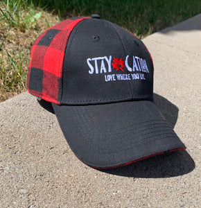 staycation canadian red lumberjack cap close up
