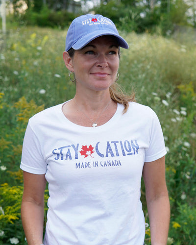 woman wearing the staycation white t-shirt